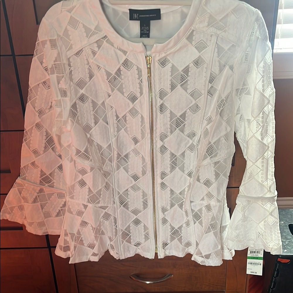INC International Concepts White Lace Zip-Up Top